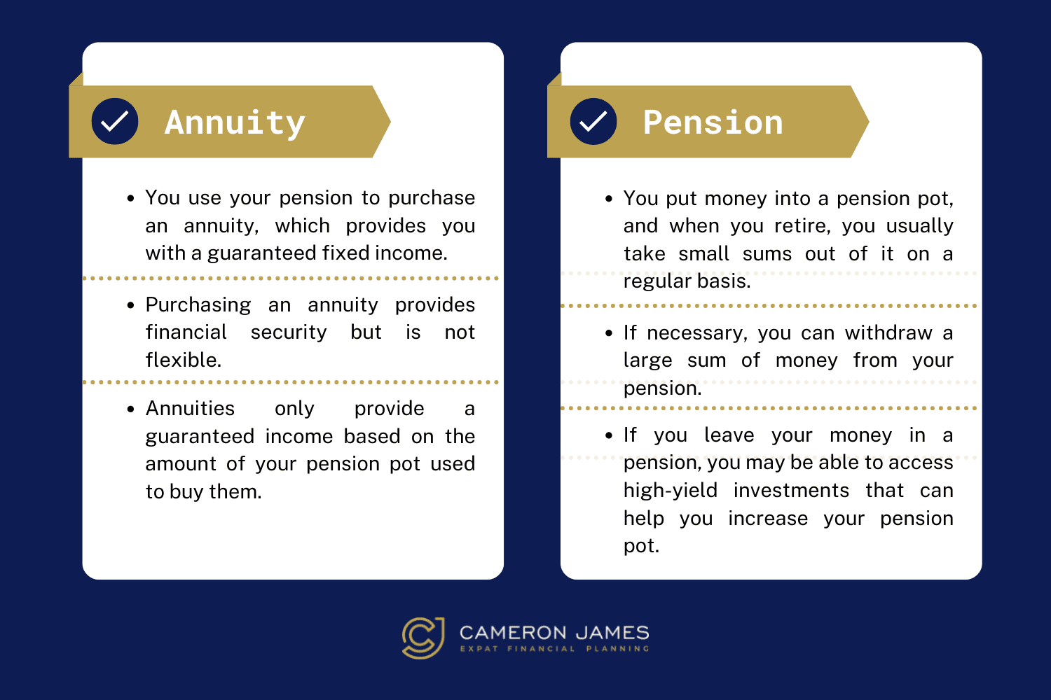 Table summarising the main differences between annuity and pension