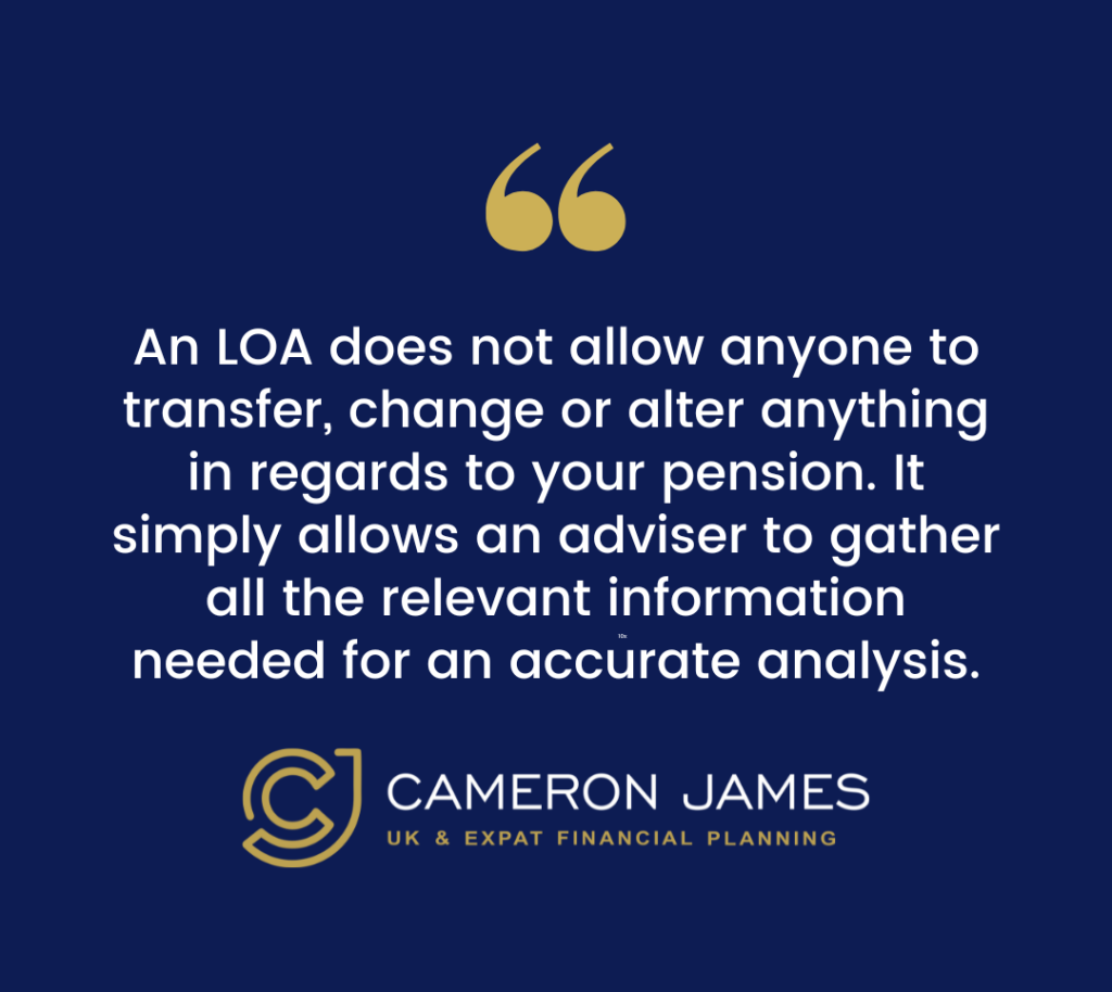 a blue graphic with a quote from Cameron James about pension Letter of Authority (LOA)